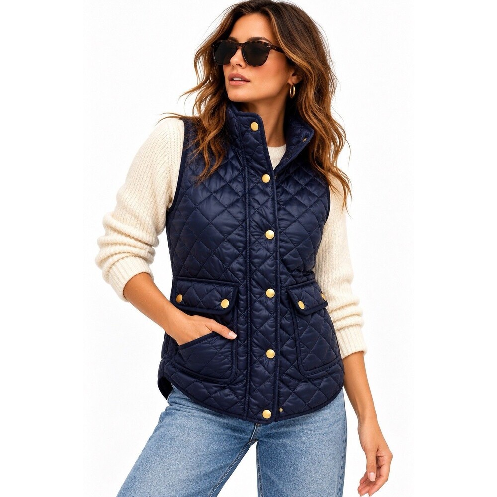 J.Crew Excursion Quilted Down Puffer Vest Navy Blue Gold Hardware XXS
